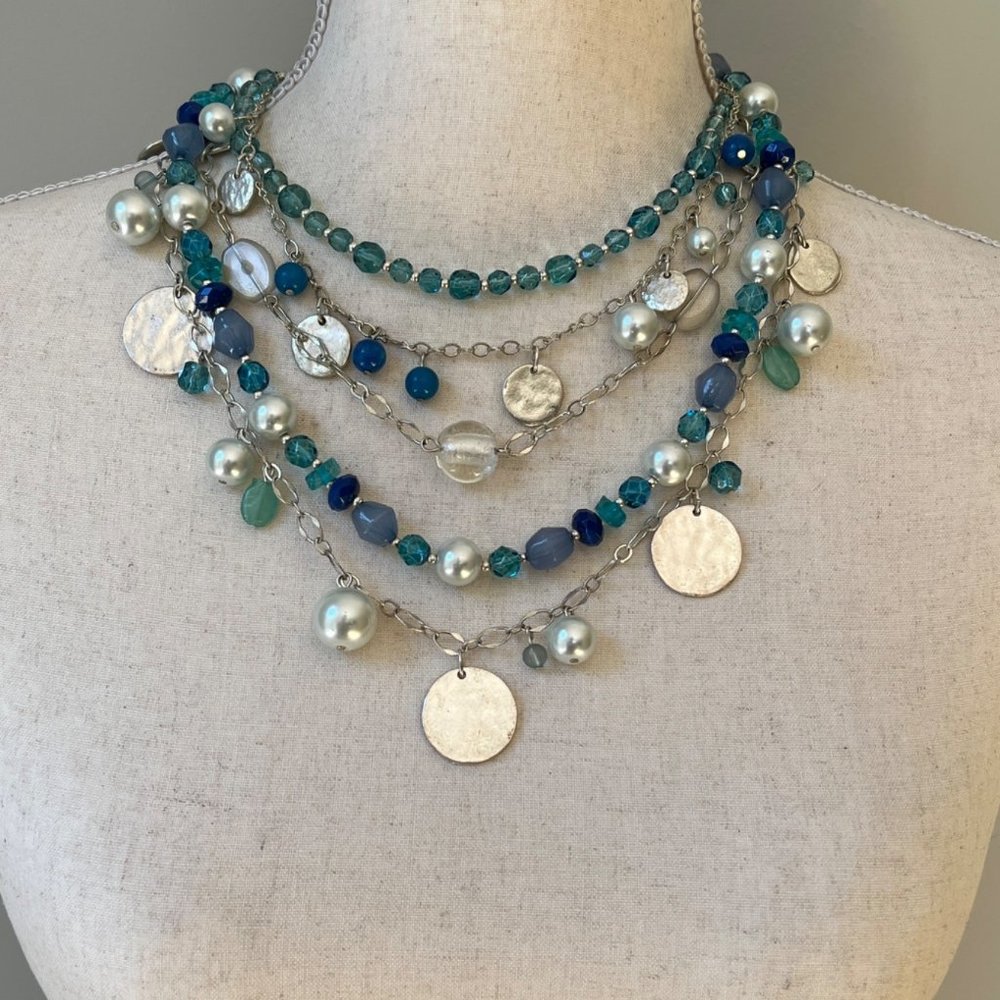 White House Black Market  Boho Gypsy Blue Silver Layered Multi Strand Necklace